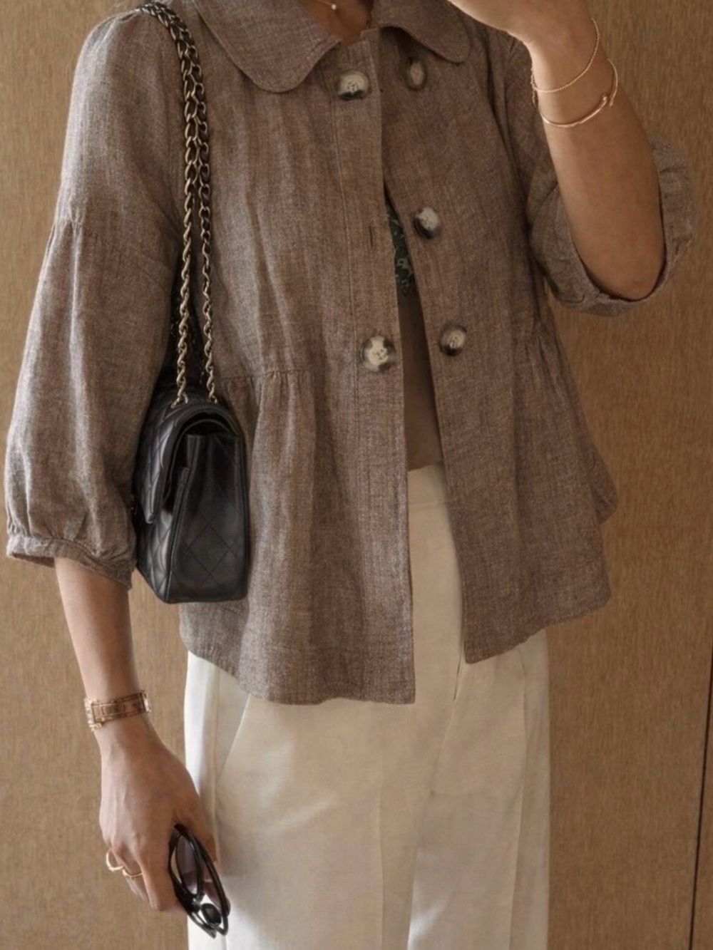 Free people linen blend peplum jacket - taupe textured button front